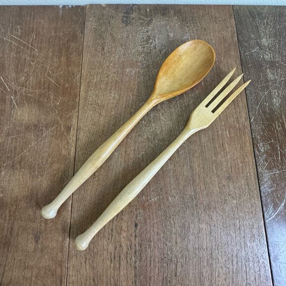 Vintage Retro Wooden Salad Serving Set‎ Spoon & Fork - Picture 1 of 3